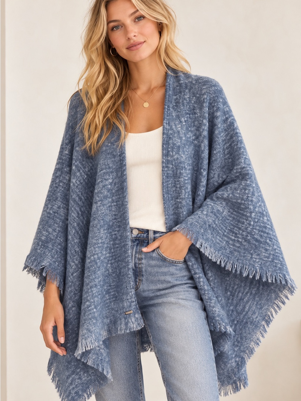 NWT Lauren Ralph Lauren Blue Marled Fringed Ruana Wrap Poncho